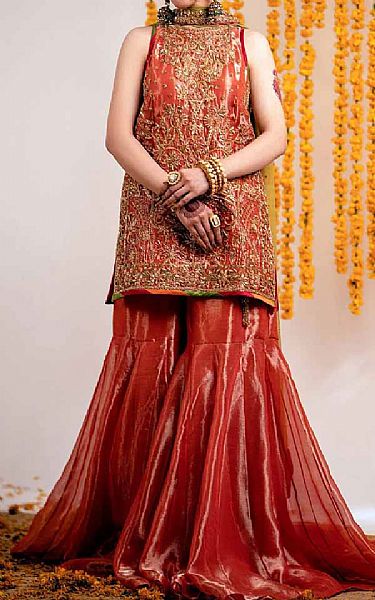  Rosewood Tissue Silk Suit | Pakistani Party Wear Dresses USA- Image 1