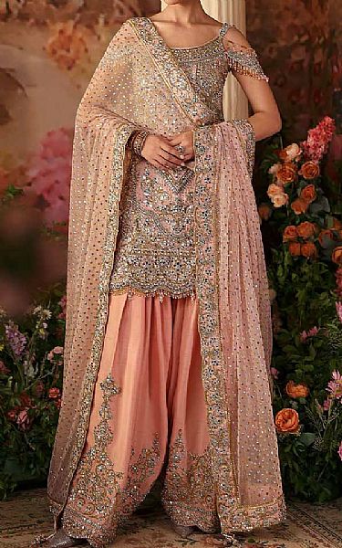 Peach Crinkle Chiffon Suit | Pakistani Party Wear Dresses USA- Image 1