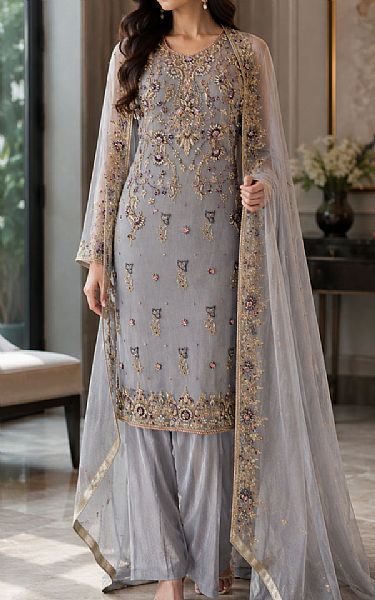  Grey Chiffon  Suit | Pakistani Party Wear Dresses USA- Image 1