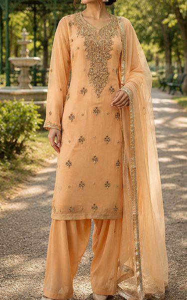  Peach Chiffon  Suit | Pakistani Party Wear Dresses USA- Image 1