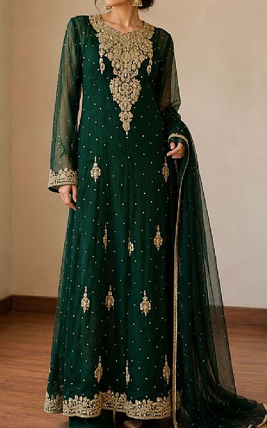  Bottle Green Chiffon  Suit | Pakistani Party Wear Dresses USA- Image 1