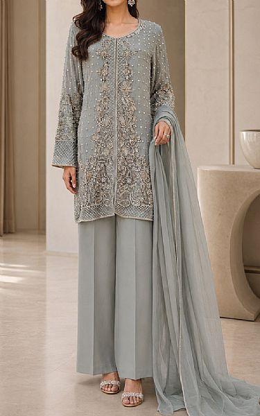  Light Grey Chiffon Suit | Pakistani Party Wear Dresses USA- Image 1
