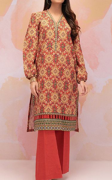 Edenrobe Sand Gold/Vermilion Khaddar Kurti | Pakistani Winter Dresses- Image 1
