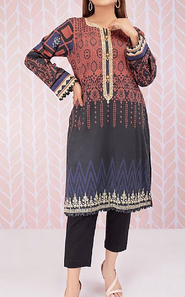 Edenrobe Black/Pastel Red Cotton Satin Kurti | Pakistani Winter Dresses- Image 1