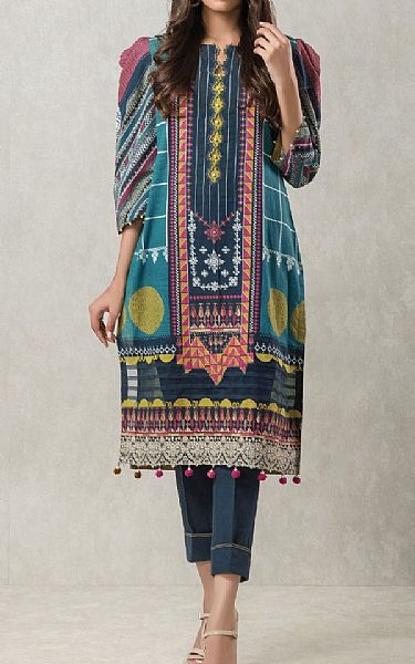 Edenrobe Turquoise/Charcoal Khaddar Kurti | Pakistani Dresses in USA- Image 1