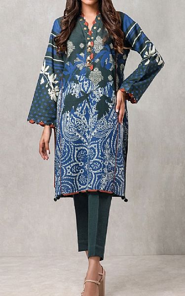 Edenrobe Charcoal/Royal Blue Khaddar Kurti | Pakistani Dresses in USA- Image 1
