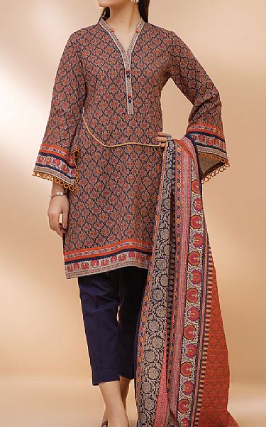 Edenrobe Navy Blue/Brown Khaddar Suit | Pakistani Dresses in USA- Image 1