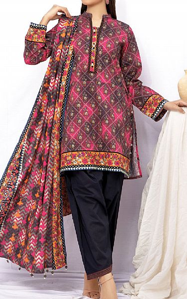 Edenrobe Hot Pink/Grey Khaddar Suit (2 Pcs) | Pakistani Dresses in USA- Image 1
