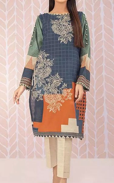 Edenrobe Safety Orange/Blue Khaddar Kurti | Pakistani Winter Dresses- Image 1
