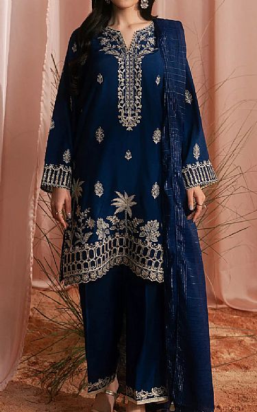 Edenrobe Midnight Blue Raw Silk Suit | Pakistani Embroidered Chiffon Dresses USA- Image 1