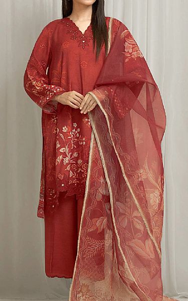 Edenrobe Pale Red Raw Silk Suit | Pakistani Embroidered Chiffon Dresses USA- Image 1