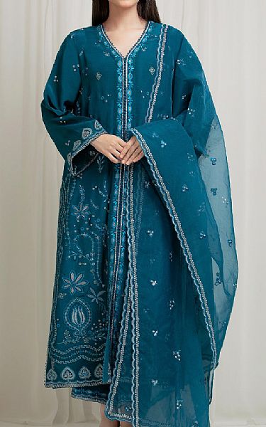 Edenrobe Teal Silk Suit | Pakistani Embroidered Chiffon Dresses USA- Image 1