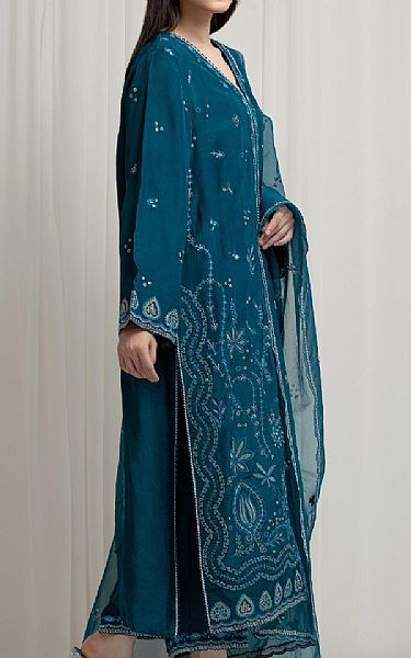 Edenrobe Teal Silk Suit | Pakistani Embroidered Chiffon Dresses USA- Image 3