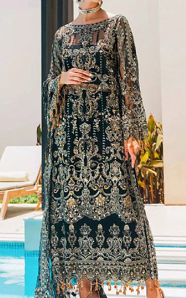 Elaf Teal Blue Net Suit | Pakistani Embroidered Chiffon Dresses- Image 1