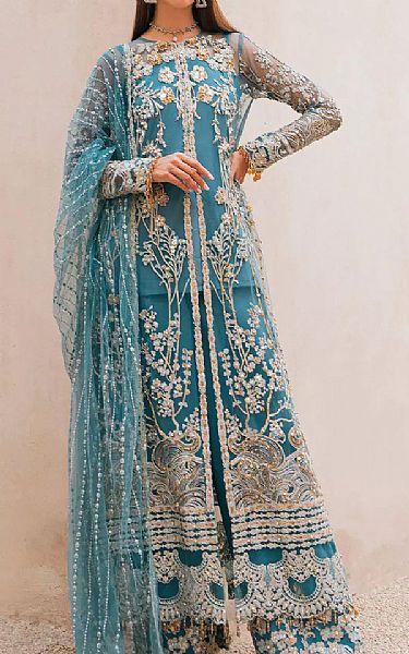 Elaf Turquoise Net Suit | Pakistani Embroidered Chiffon Dresses- Image 1