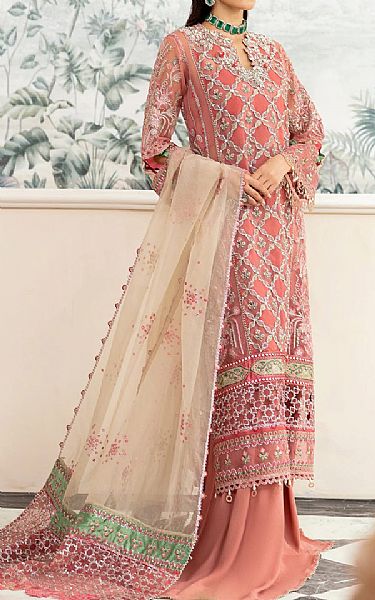 Elaf Salmon Pink Organza Suit | Pakistani Embroidered Chiffon Dresses- Image 1