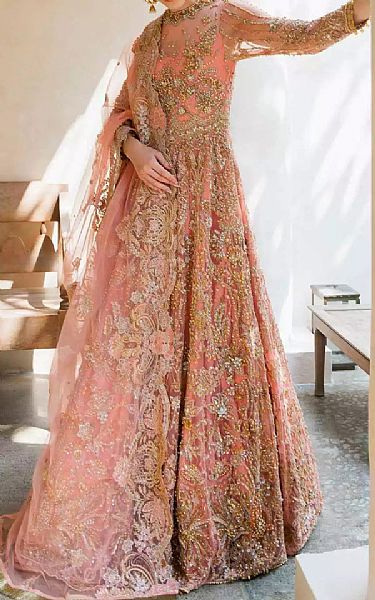 Elaf Peach Net Suit | Pakistani Embroidered Chiffon Dresses- Image 1