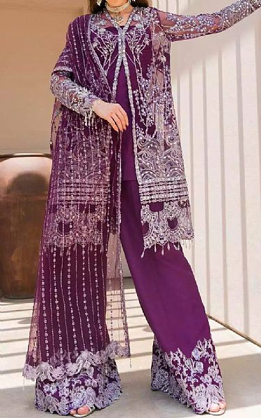 Elaf Egg Plant Net Suit | Pakistani Embroidered Chiffon Dresses- Image 1