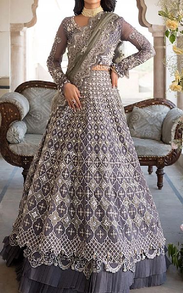 Elaf White/Grey Organza Suit | Pakistani Embroidered Chiffon Dresses USA- Image 1