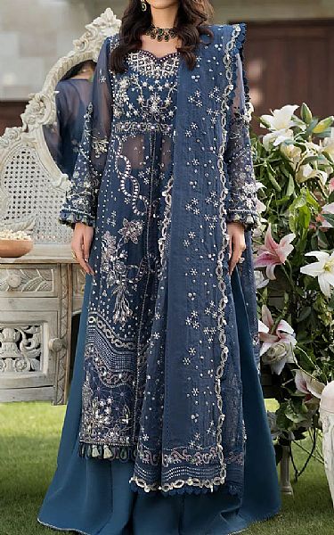 Elaf Denim Blue Organza Suit | Pakistani Embroidered Chiffon Dresses USA- Image 1
