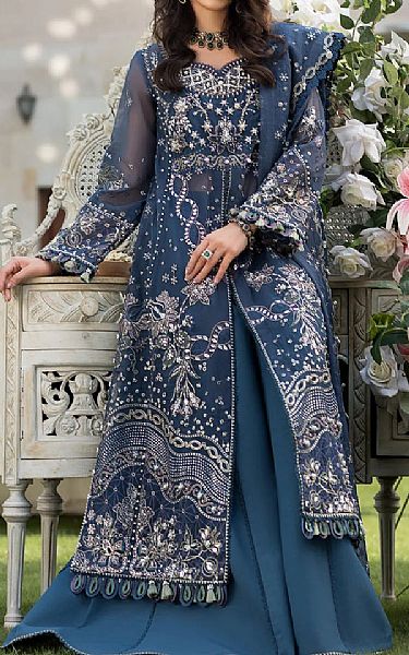 Elaf Denim Blue Organza Suit | Pakistani Embroidered Chiffon Dresses USA- Image 2