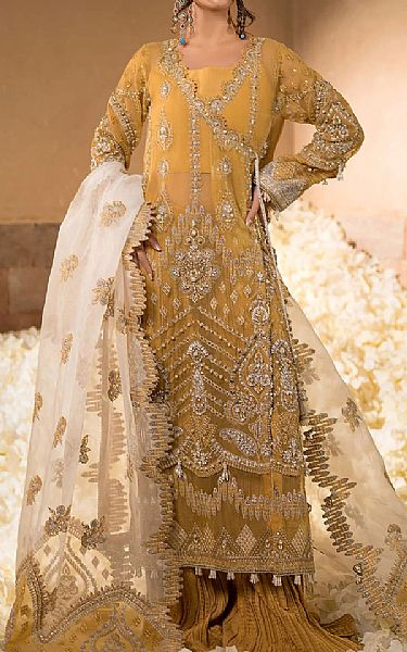 Elaf Sand Gold Organza Suit | Pakistani Embroidered Chiffon Dresses USA- Image 1