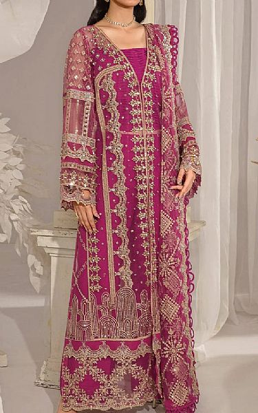 Elaf Raspberry Net Suit | Pakistani Embroidered Chiffon Dresses USA- Image 1