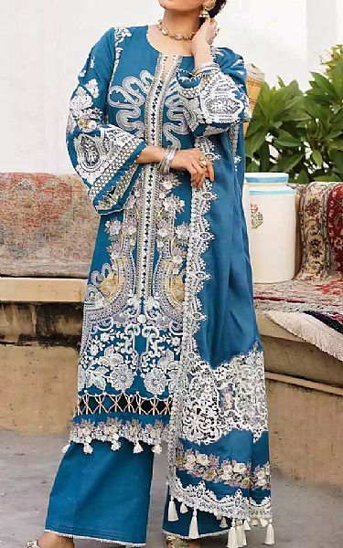 Elaf Teal Blue Khaddar Suit | Pakistani Winter Dresses- Image 1