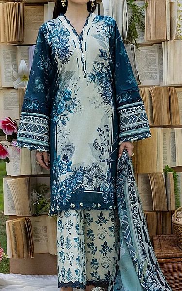Elaf Off White/Prussian Blue Lawn Suit | Pakistani Lawn Dress in USA- Image 1