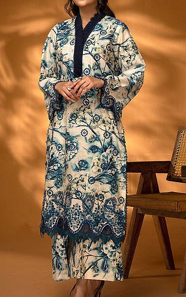 Ellena Off-white/Teal Lawn Suit (2 Pcs) | Pakistani Lawn Dress in USA- Image 1