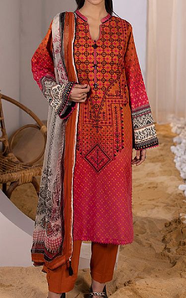 Ellena Bright Orange/Deep Carmine Lawn Suit | Pakistani Lawn Suits- Image 1