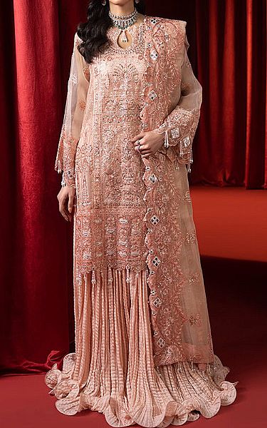 Ellena Peach Organza Suit | Pakistani Embroidered Chiffon Dresses- Image 1
