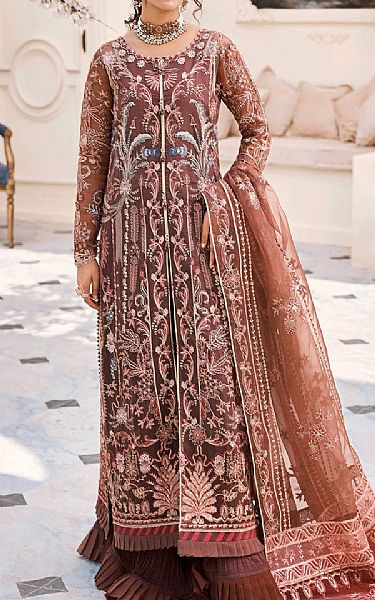 Emaan Adeel Redwood Brown Organza Suit | Pakistani Embroidered Chiffon Dresses USA- Image 1