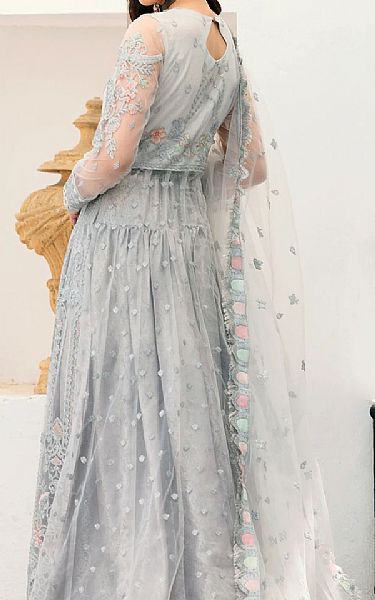 Emaan Adeel Light Grey Net Suit | Pakistani Embroidered Chiffon Dresses- Image 2
