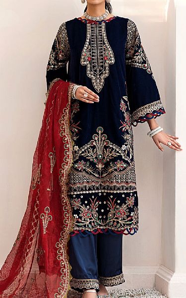 Emaan Adeel Dark Blue Velvet Suit | Pakistani Winter Dresses- Image 1