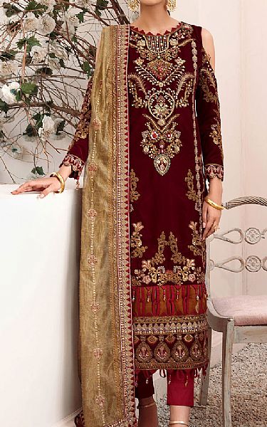 Emaan Adeel Maroon Velvet Suit | Pakistani Winter Dresses- Image 1