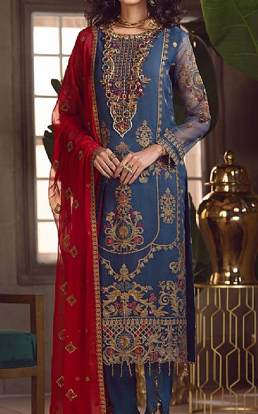 Emaan Adeel Denim Blue Organza Suit | Pakistani Embroidered Chiffon Dresses- Image 1