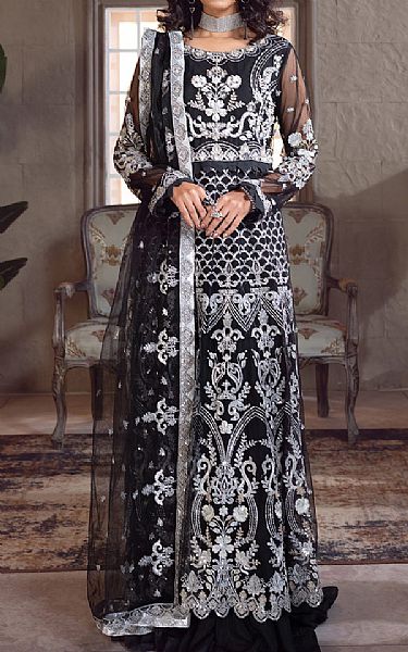 Emaan Adeel Black Net Suit | Pakistani Embroidered Chiffon Dresses- Image 1