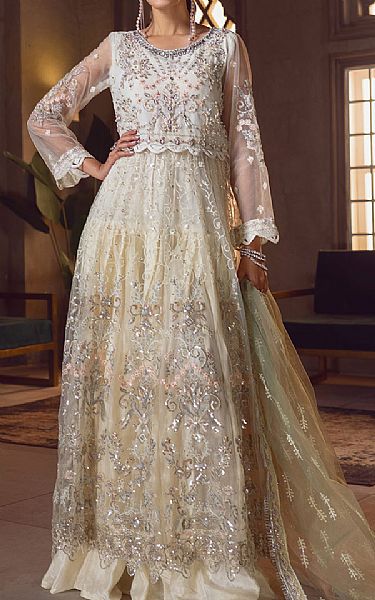 Emaan Adeel Off-white Net Suit | Pakistani Embroidered Chiffon Dresses- Image 1