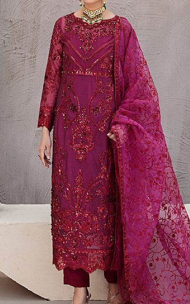 Emaan Adeel Egg Plant Organza Suit | Pakistani Embroidered Chiffon Dresses- Image 1