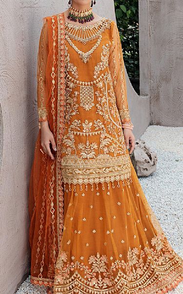 Emaan Adeel Orange Net Suit | Pakistani Embroidered Chiffon Dresses- Image 1