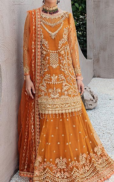 Emaan Adeel Orange Net Suit | Pakistani Embroidered Chiffon Dresses USA- Image 1