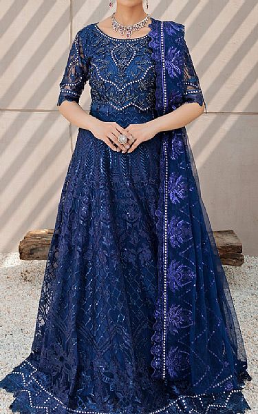 Emaan Adeel Dark Blue Net Suit | Pakistani Embroidered Chiffon Dresses- Image 1
