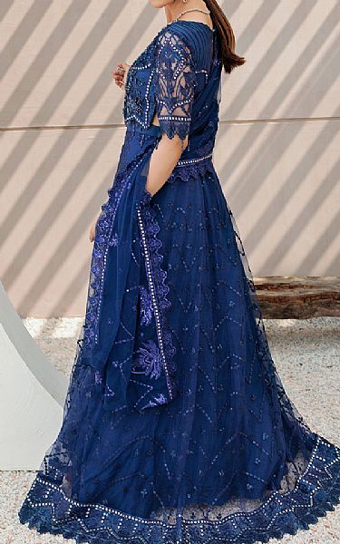 Emaan Adeel Dark Blue Net Suit | Pakistani Embroidered Chiffon Dresses- Image 2