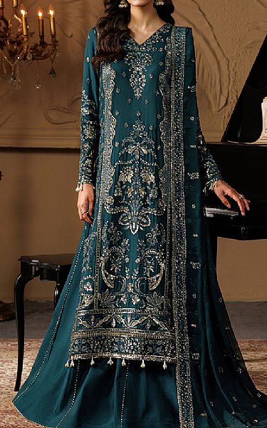 Emaan Adeel Teal Chiffon Suit | Pakistani Embroidered Chiffon Dresses USA- Image 1