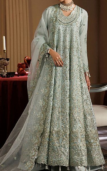 Emaan Adeel Light Turquoise Organza Suit | Pakistani Embroidered Chiffon Dresses USA- Image 1