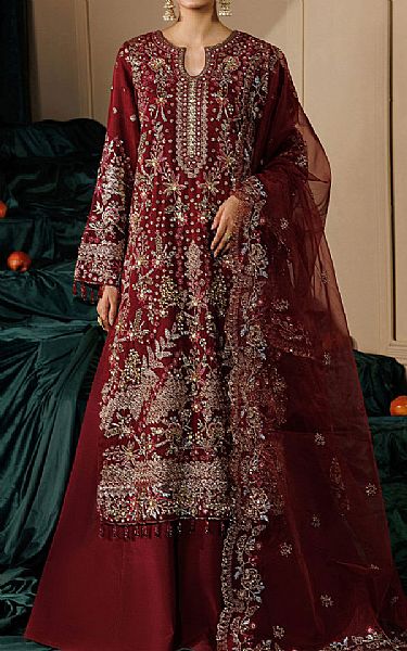 Emaan Adeel Scarlet Organza Suit | Pakistani Embroidered Chiffon Dresses USA- Image 1