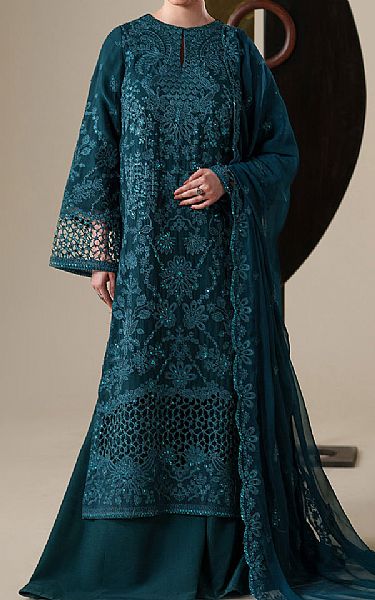 Emaan Adeel Teal Chiffon Suit | Pakistani Embroidered Chiffon Dresses USA- Image 1
