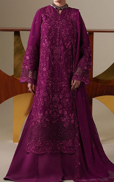 Emaan Adeel Egg Plant Chiffon Suit | Pakistani Embroidered Chiffon Dresses USA- Image 1