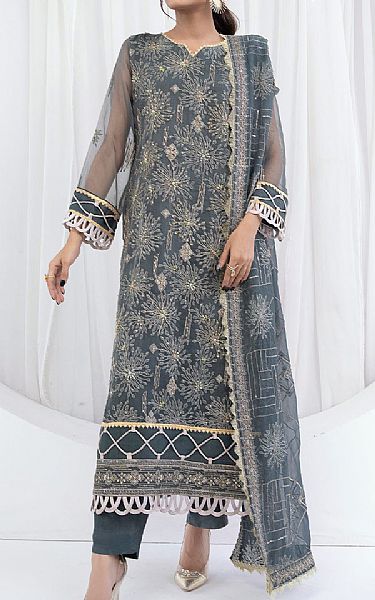 Emaan Adeel Dark Grey Organza Suit | Pakistani Embroidered Chiffon Dresses- Image 1
